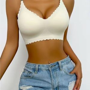 Scallop Trim Smooth Wireless Bra - Off-White/Beige - Size Small
